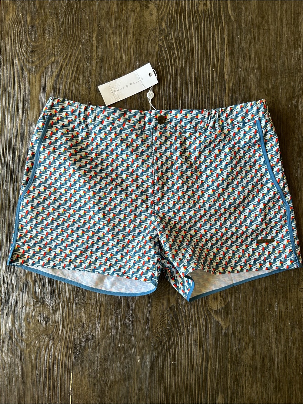 Parke & Ronen Blue Crystals Print 2” Angeleno Stretch Swim Trunks NWT
